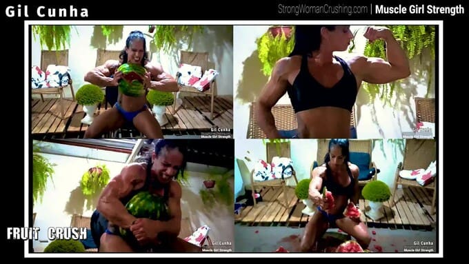 Gil Cunha destroys watermelons using her muscular arms