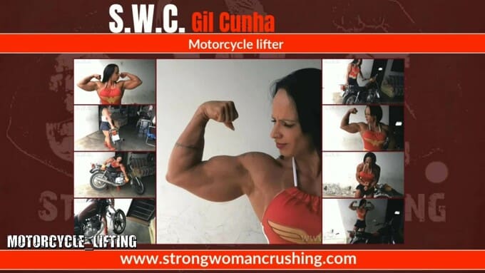 Gil Cunha shows her strength and lifts a motorcycle