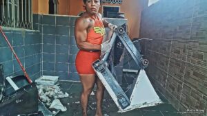 Marta Strong rips and destroys a metal stove apart