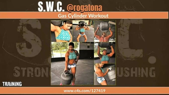 Rogatona workout using an empty gas cylinder as barbell