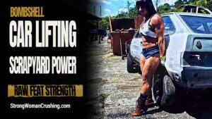 Bombshell lifting car in a scrapyard