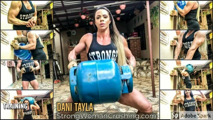 Dani Tayla lifts water gallon and a gas cylinder