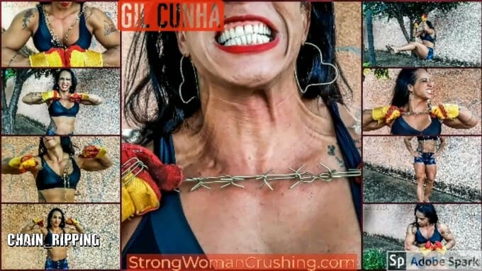 Gil Cunha rip metal chains with her muscles