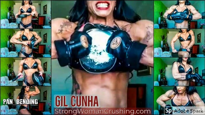Gil Cunha bends a hard frying pan with her immense biceps