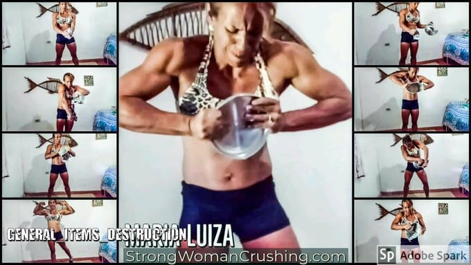 Maria Luiza destroys a metal bucket using her mighty hands