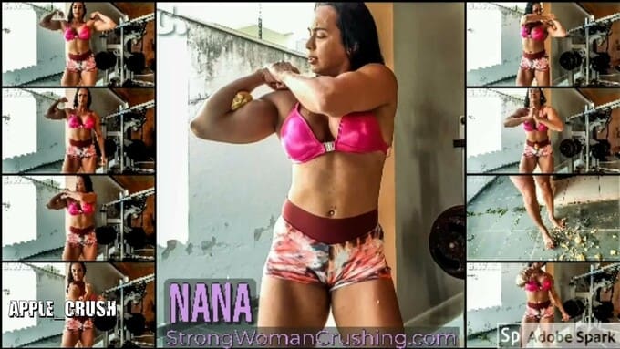 Nana Olyver burst apples using her strong arms and muscles