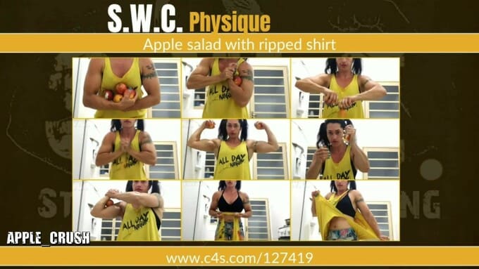 Physique crushes apples and rip her shirt off
