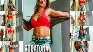 Rogatona rips cloths from her strong body