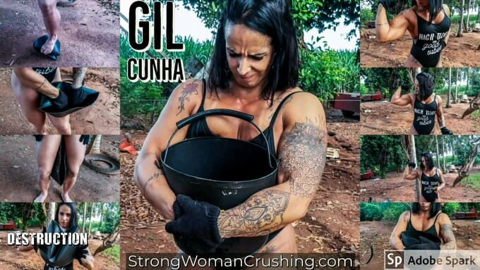 Gil Cunha crushes metal bucket in her muscular arms