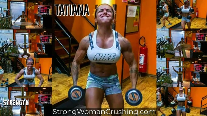 Tatiana she does biceps curls and lifts tables overhead