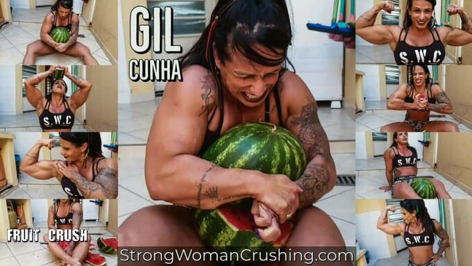 Gil Cunha breaks watermelon with her colossal strength