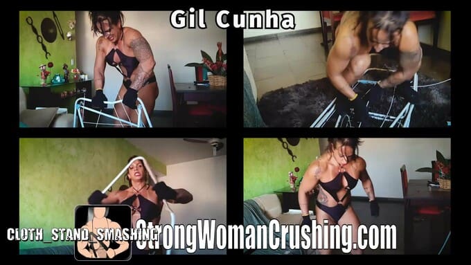 Gil Cunha Bends a Metal Clothing Stand with her Massive Arms