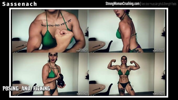 Sassenach flex her muscles in a green bikini