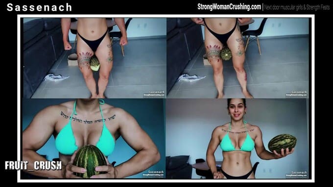 Sassenach crushes a cantaloupe in her muscles