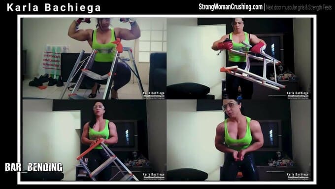 Karla Bachiega uses huge biceps and destroys a metal ladder