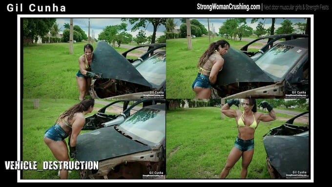 Gil Cunha destroys a car hood with her strength