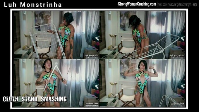 Luh Monstrinha smashes a cloth stand in a swimsuit