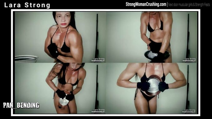 Lara Strong uses her muscles and destroy a piece of metal and a pan
