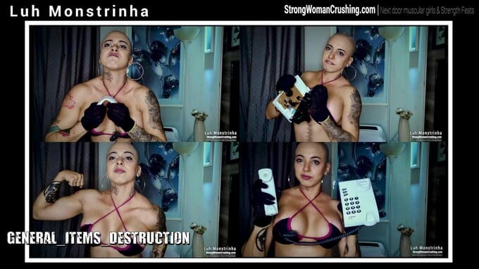 Luh Monstrinha crushes an old phone with her muscles