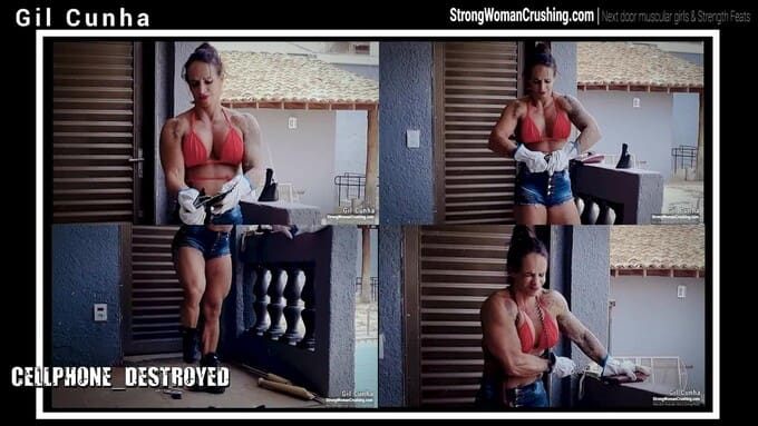 Gil Cunha destroys mobile and cordless phones with her brute strength and biceps