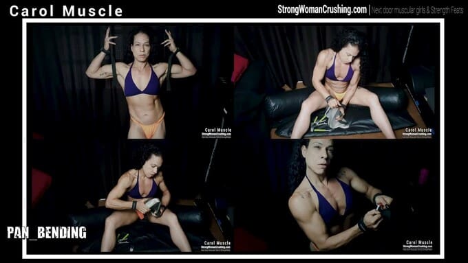Carol Muscle shows her muscles and destroys a metal pan with her strength