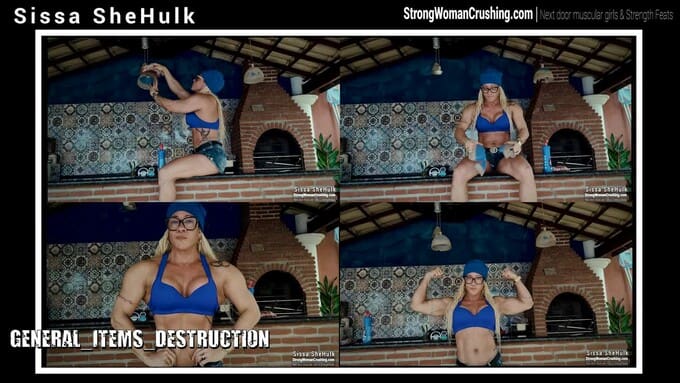 Sissa SheHulk destroys a metal chandelier with her muscular arms