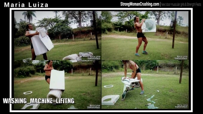 Maria Luiza lifts and destroys a washing machine with her humongous strength