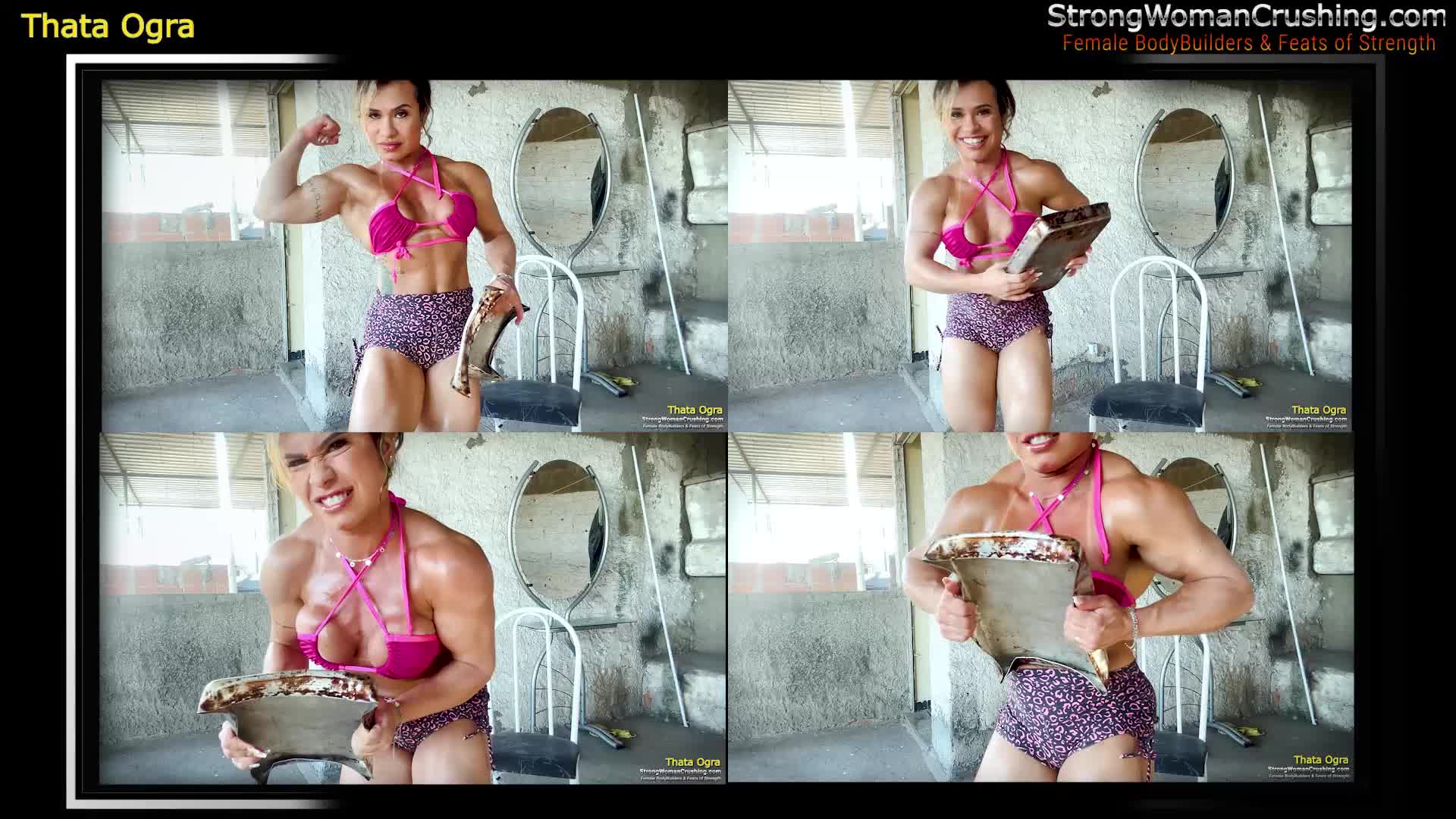 Thata Ogra pumps her muscles destroying a metal tray pan