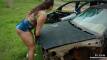 Gil Cunha destroys a car hood with her strength